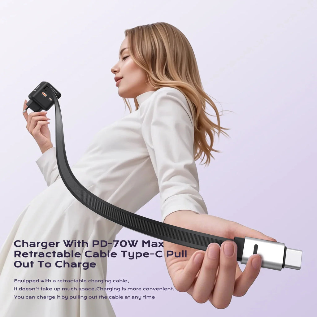 Zadsouk 70W GaN Charger with Display - Retractable USB-C Cable, 3-Port Fast Charging