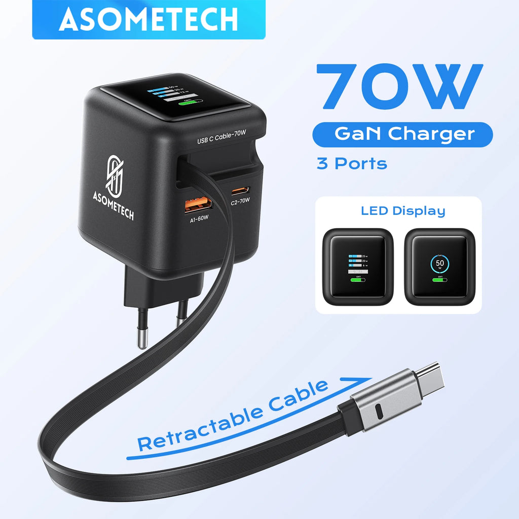 Zadsouk 70W GaN Charger with Display - Retractable USB-C Cable, 3-Port Fast Charging