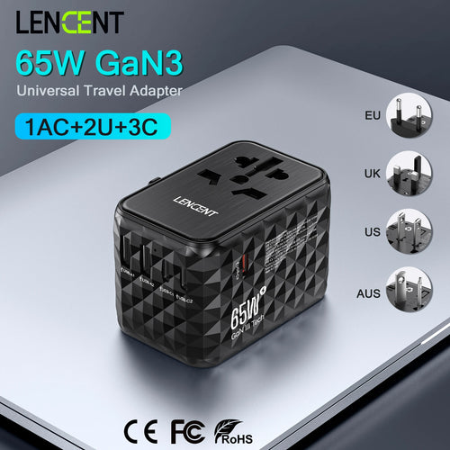 Zadsouk 65W GaN Universal Travel Adapter - Interchangeable EU/UK/US/AUS Plugs, Fast Charging