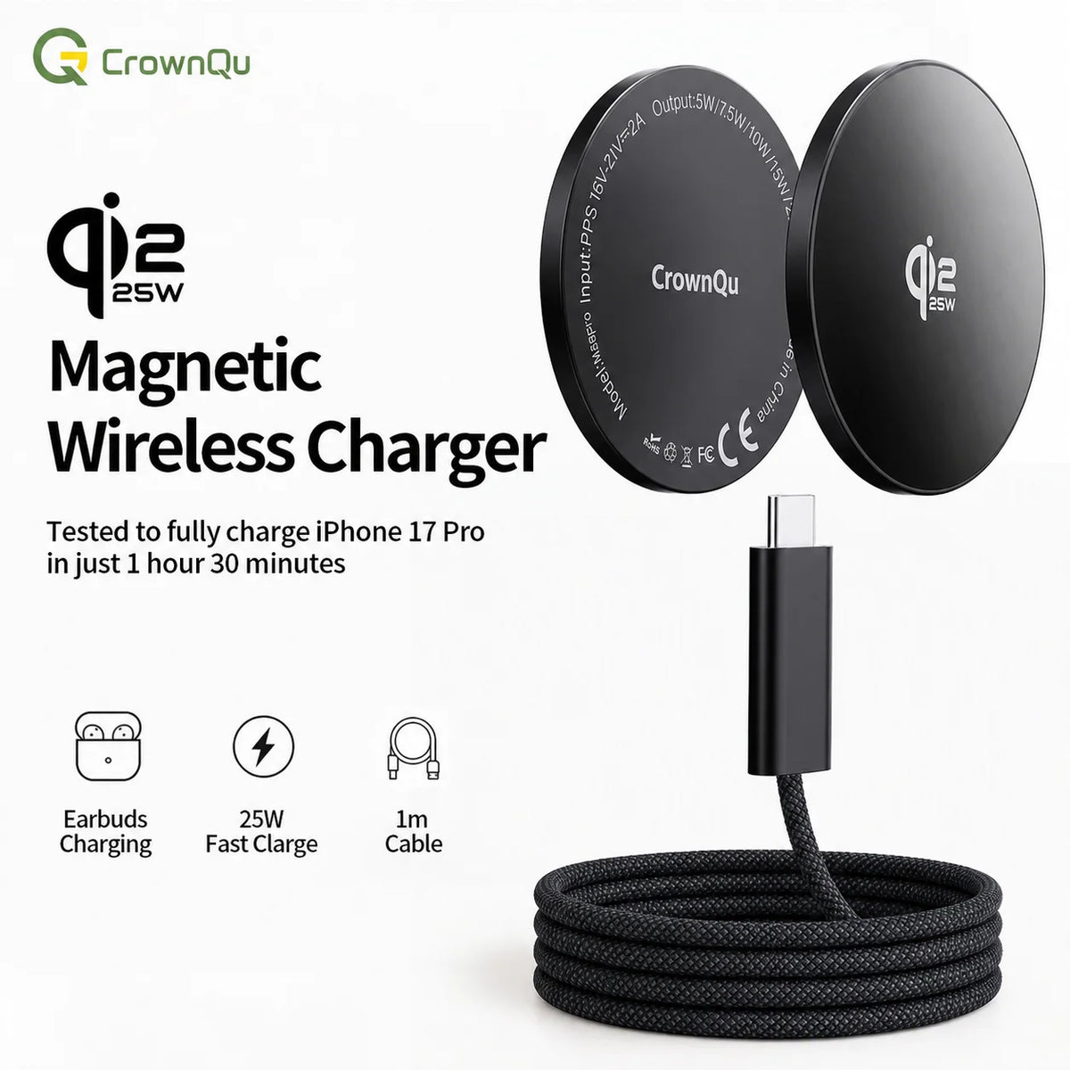 Zadsouk Qi2 25W Magnetic Wireless Charger - MagSafe Compatible Fast Charging