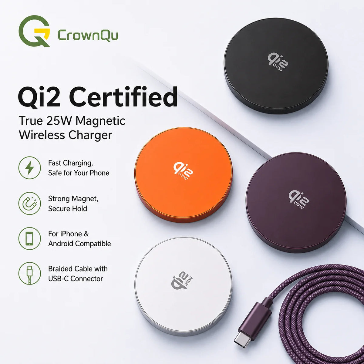 Zadsouk Qi2 25W Magnetic Wireless Charger - MagSafe Compatible Fast Charging