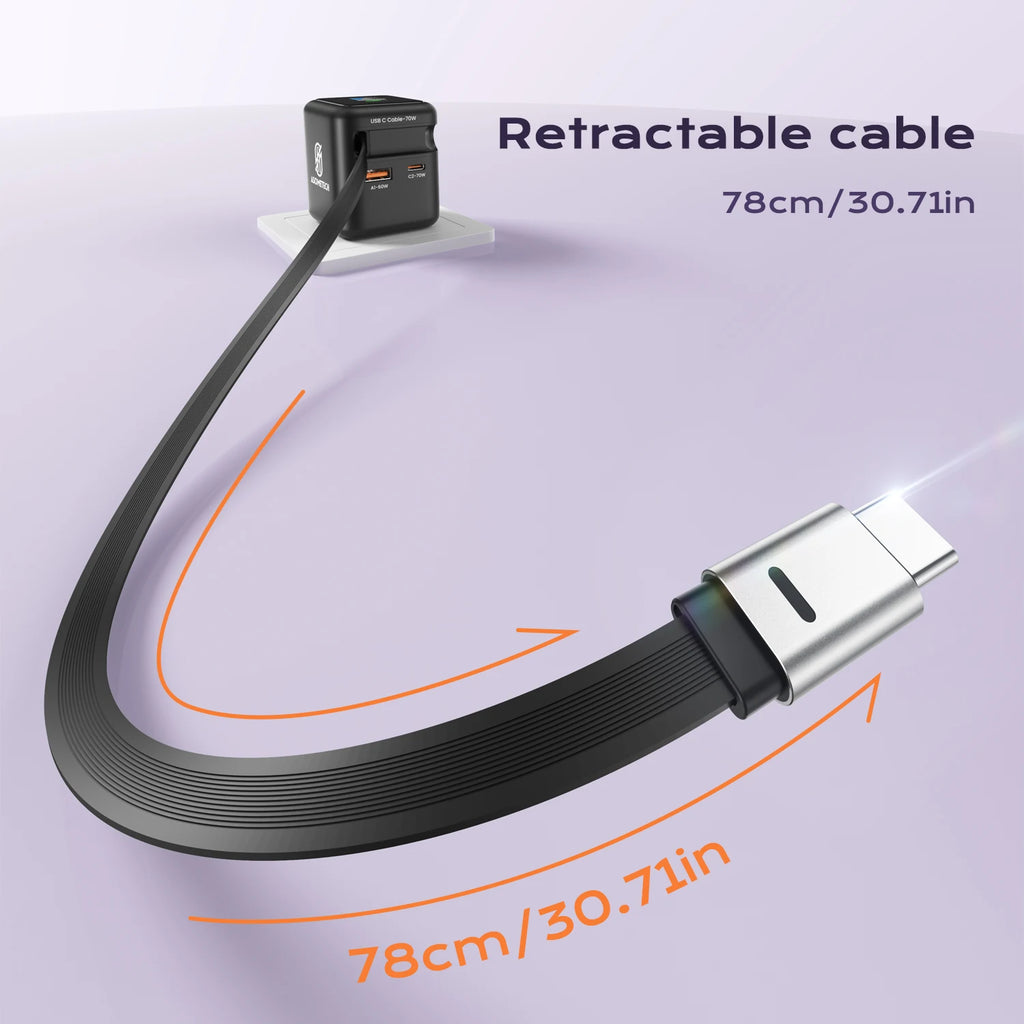 Zadsouk 70W GaN Charger with Display - Retractable USB-C Cable, 3-Port Fast Charging