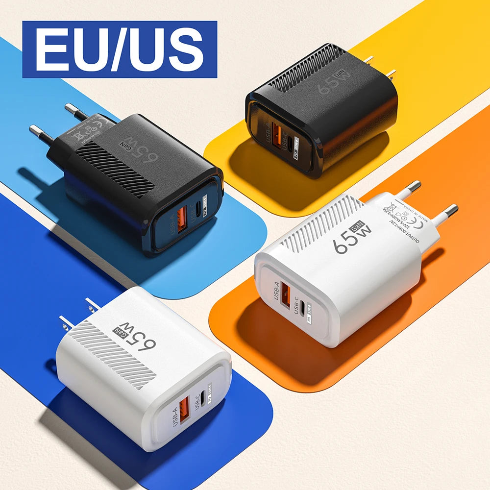 Zadsouk GaN 65W Dual-Port Fast Charger - USB-C and USB-A, EU/US Plug