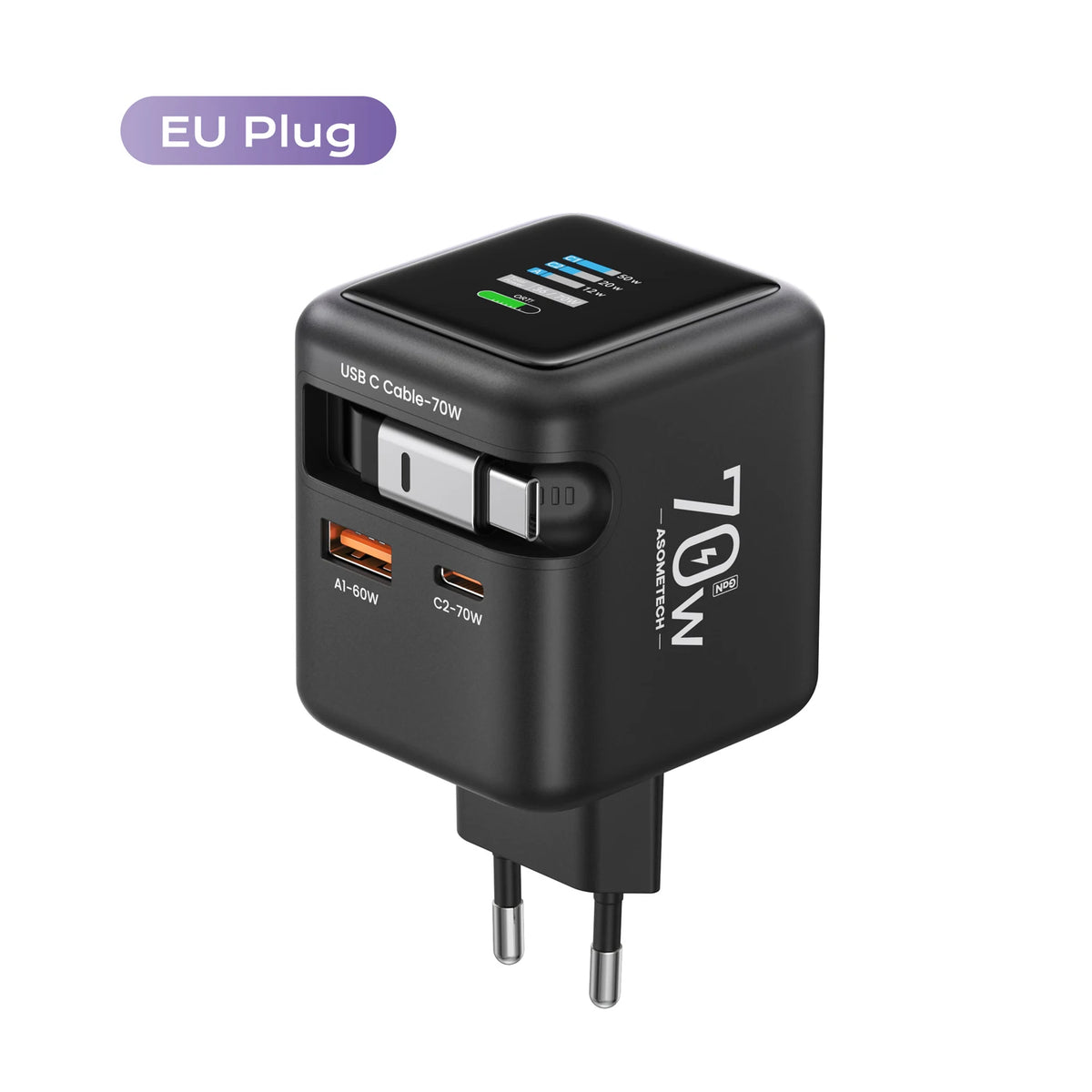 Zadsouk 70W GaN Charger with Display - Retractable USB-C Cable, 3-Port Fast Charging