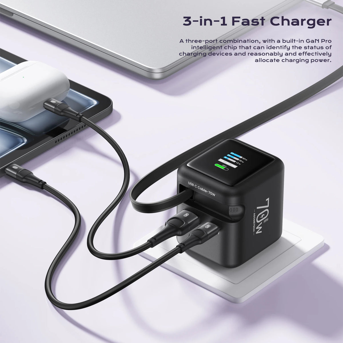 Zadsouk 70W GaN Charger with Display - Retractable USB-C Cable, 3-Port Fast Charging