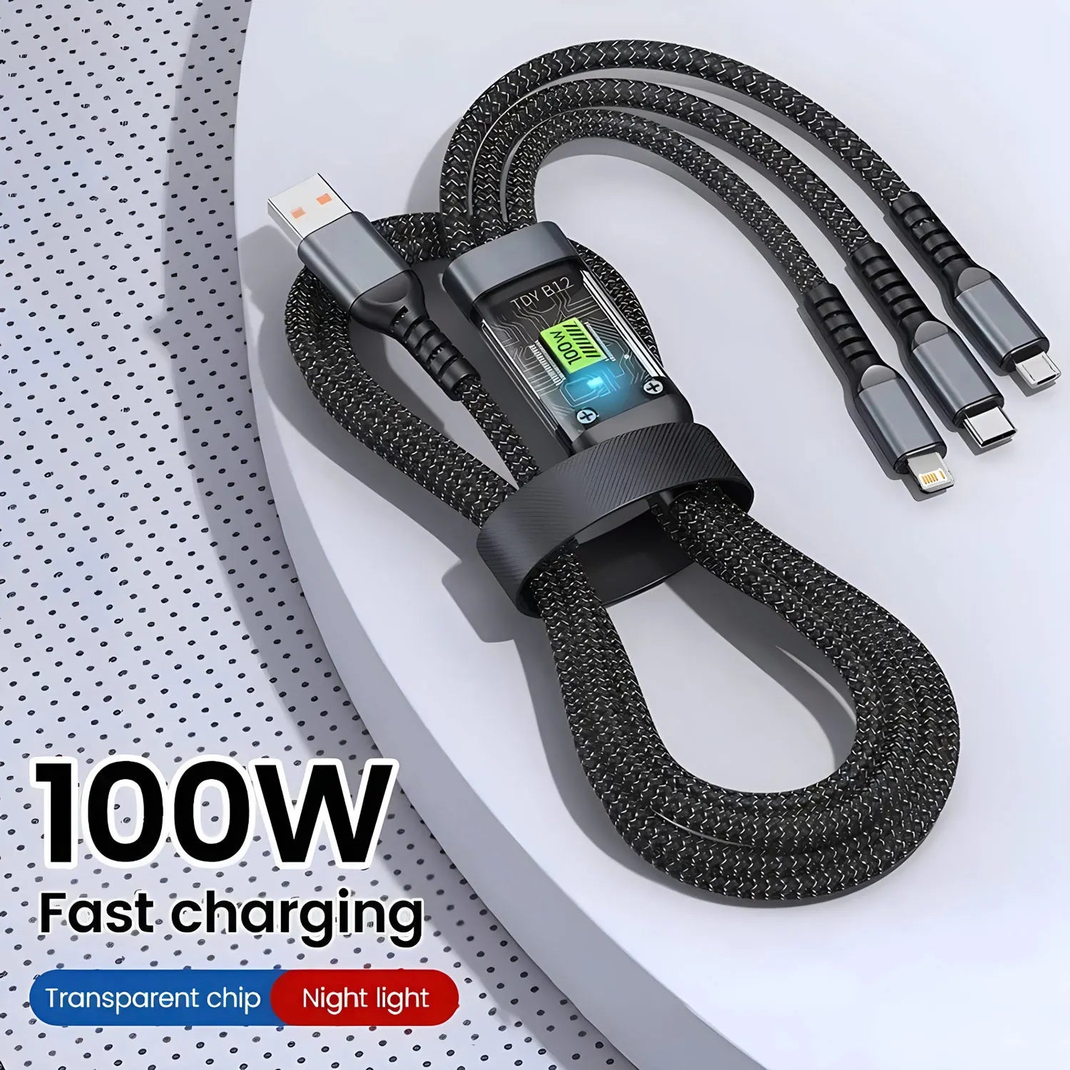 كابل شحن سريع 100 واط، كابل شحن متعدد، كابل نايلون مضفر، محول سلك شحن عالمي متعدد USB 3 في 1 مع Type-C Micro