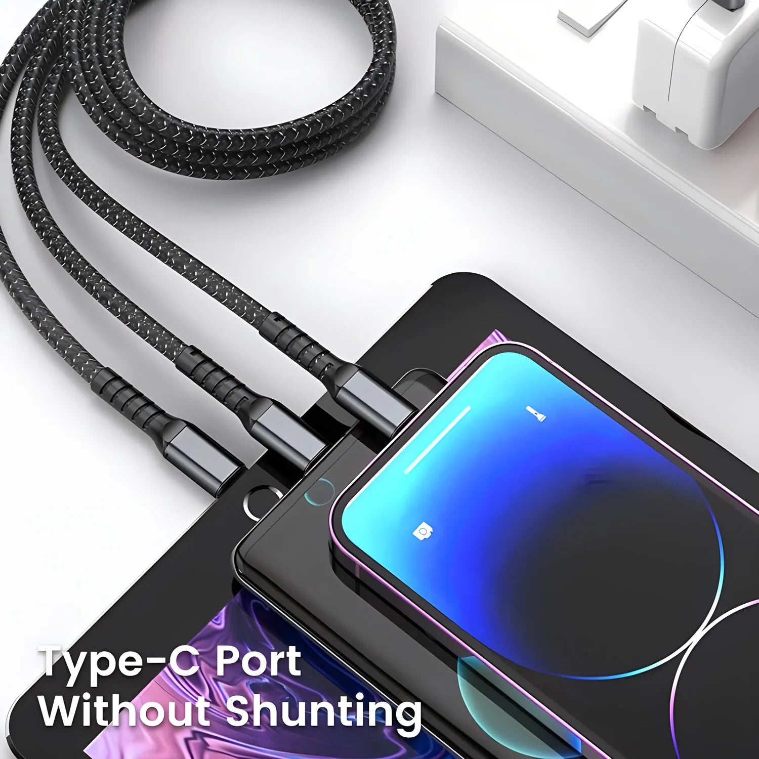 كابل شحن سريع 100 واط، كابل شحن متعدد، كابل نايلون مضفر، محول سلك شحن عالمي متعدد USB 3 في 1 مع Type-C Micro