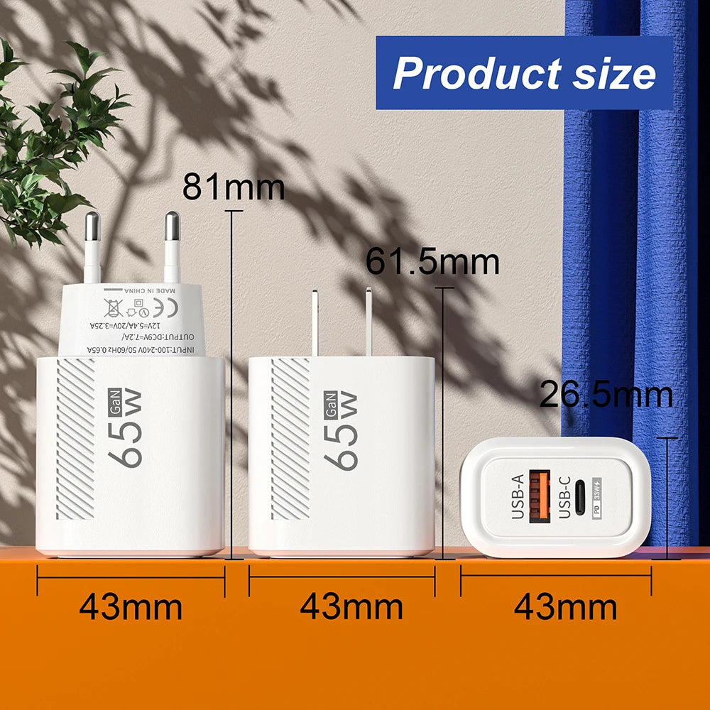 Zadsouk GaN 65W Dual-Port Fast Charger - USB-C and USB-A, EU/US Plug