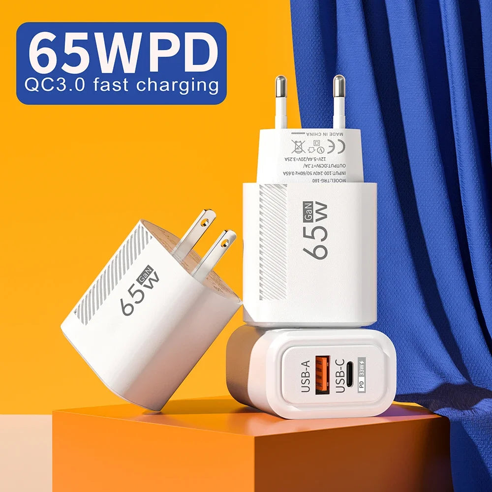 Zadsouk GaN 65W Dual-Port Fast Charger - USB-C and USB-A, EU/US Plug