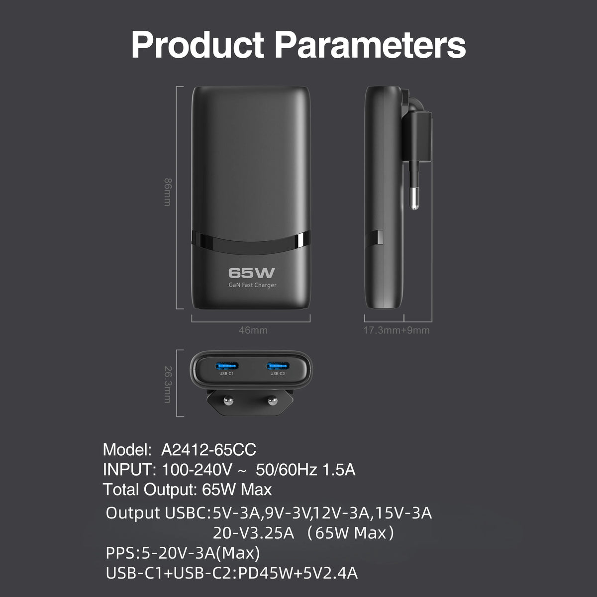 Zadsouk 65W GaN Foldable Wall Charger - USB-C Fast Charging