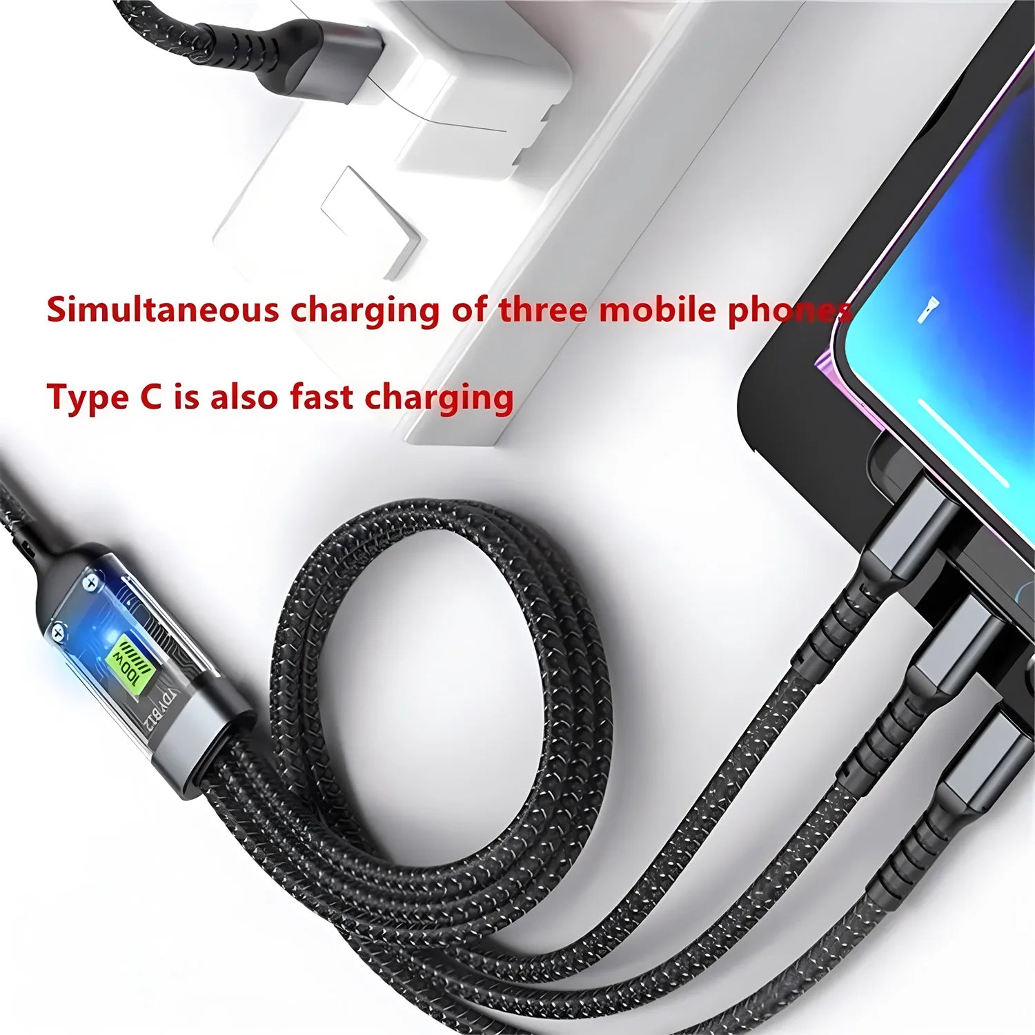 كابل شحن سريع 100 واط، كابل شحن متعدد، كابل نايلون مضفر، محول سلك شحن عالمي متعدد USB 3 في 1 مع Type-C Micro
