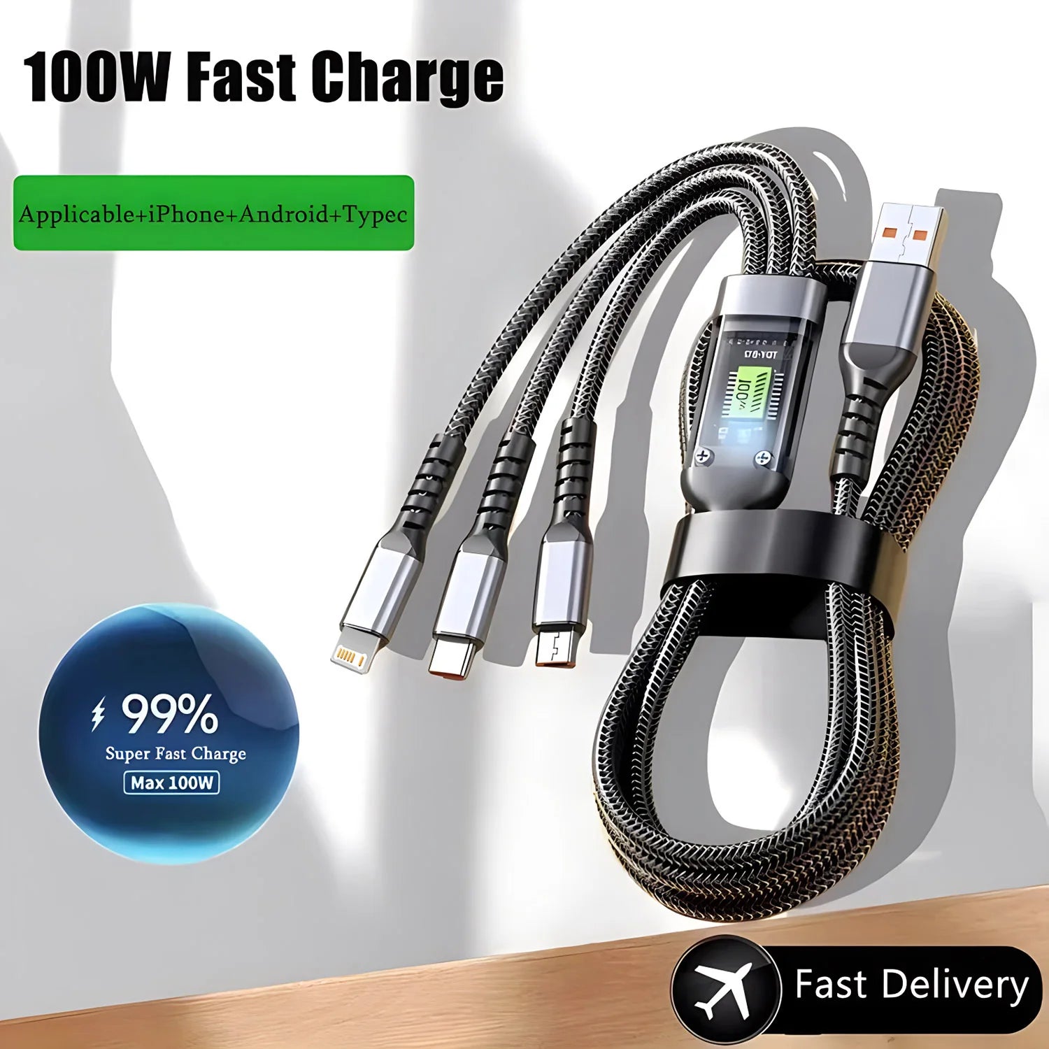 كابل شحن سريع 100 واط، كابل شحن متعدد، كابل نايلون مضفر، محول سلك شحن عالمي متعدد USB 3 في 1 مع Type-C Micro