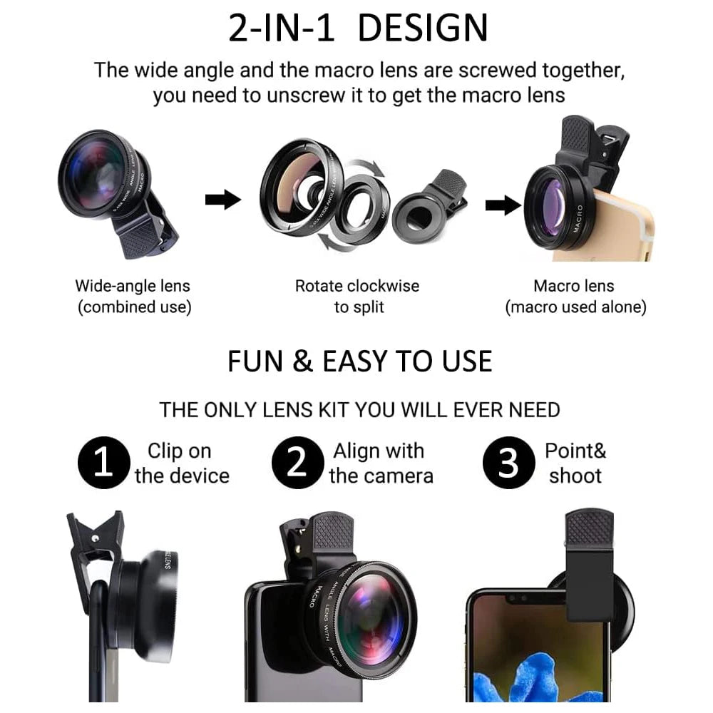Experience 2 in 1 Phone Camera Lens Kit 0.45x Wide Angle 12.5x Macro Lens HD Camera Lenes for iPhone iOS Android Smartphones