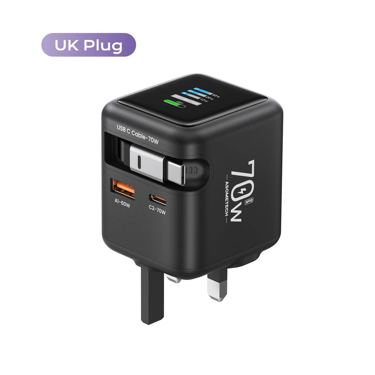 Zadsouk 70W GaN Charger with Display - Retractable USB-C Cable, 3-Port Fast Charging