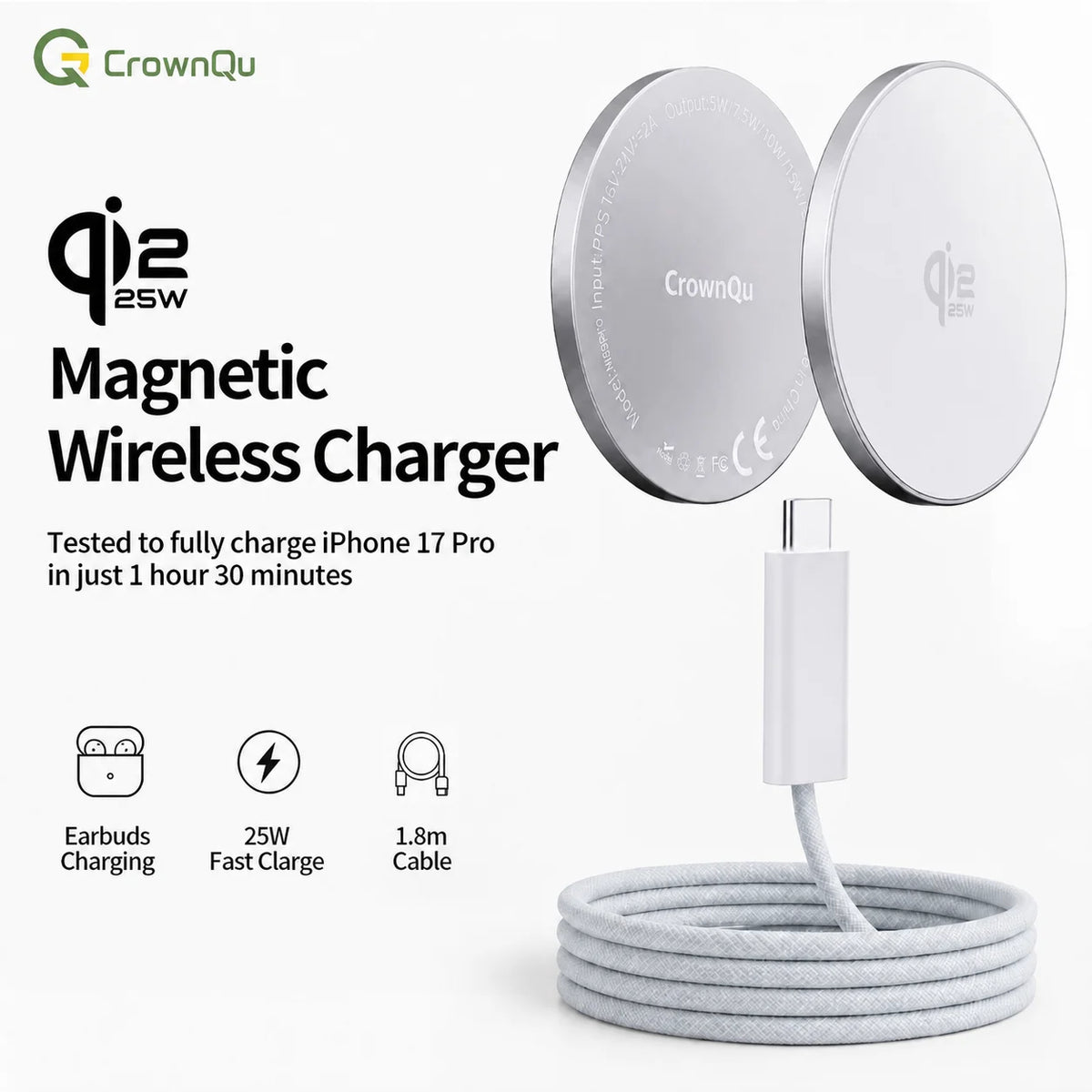 Zadsouk Qi2 25W Magnetic Wireless Charger - MagSafe Compatible Fast Charging