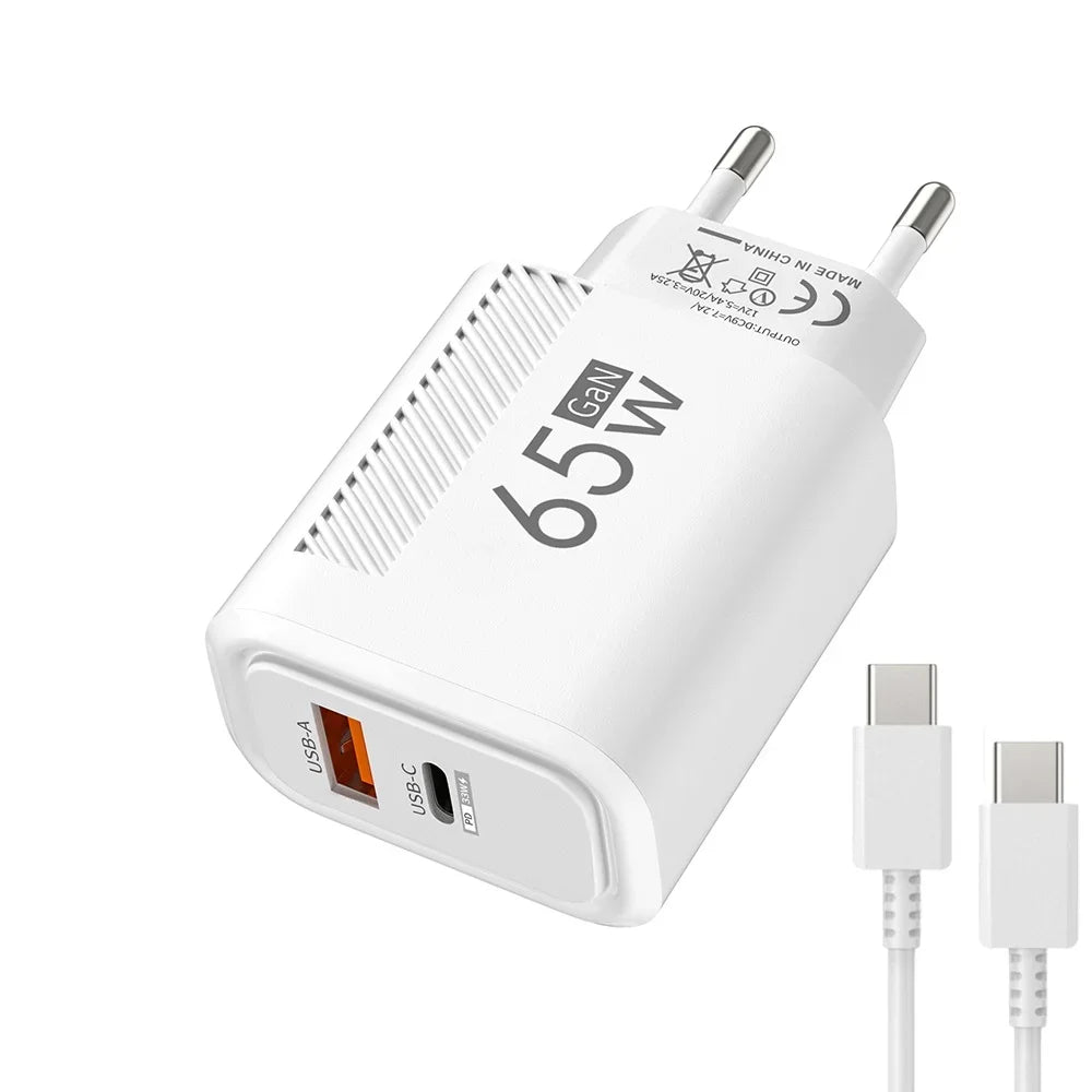 Zadsouk GaN 65W Dual-Port Fast Charger - USB-C and USB-A, EU/US Plug