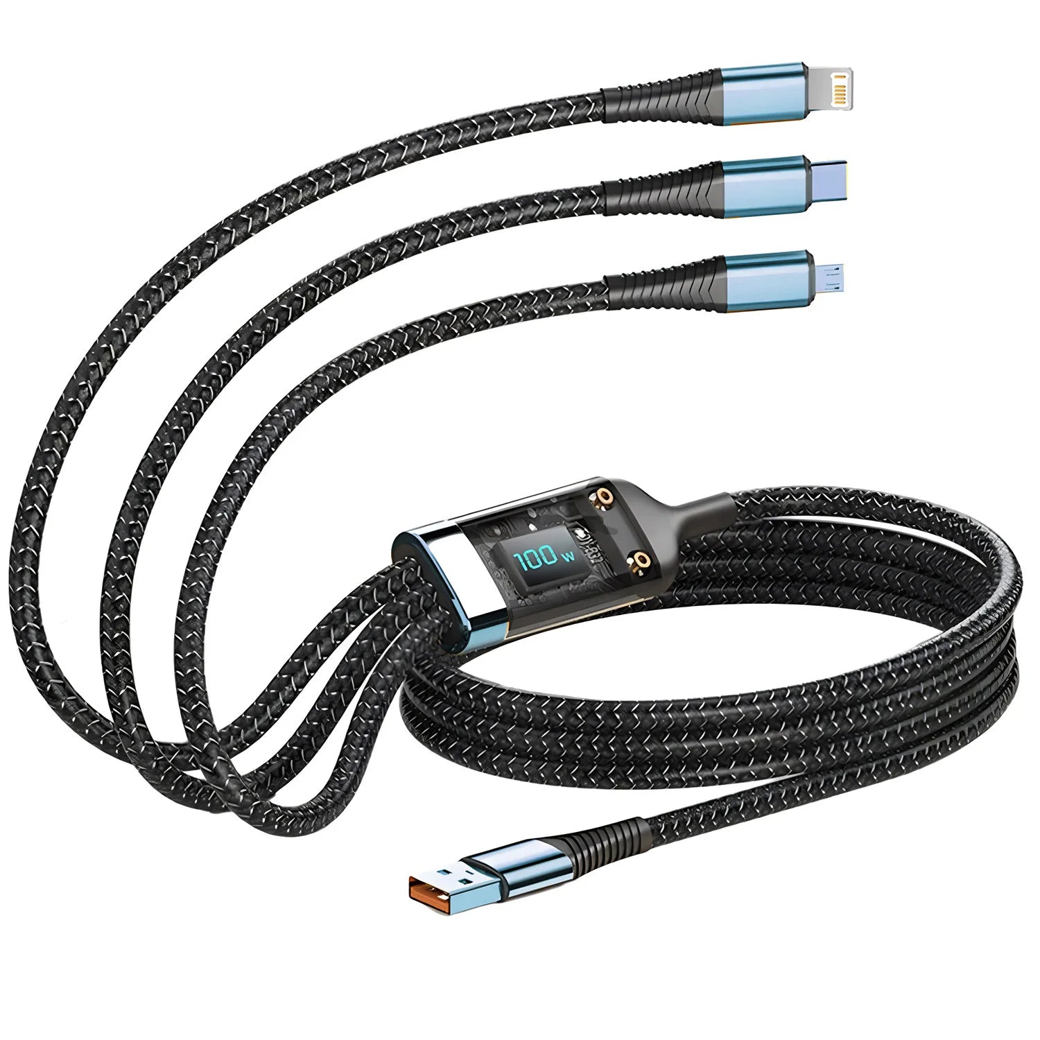 كابل شحن سريع 100 واط، كابل شحن متعدد، كابل نايلون مضفر، محول سلك شحن عالمي متعدد USB 3 في 1 مع Type-C Micro