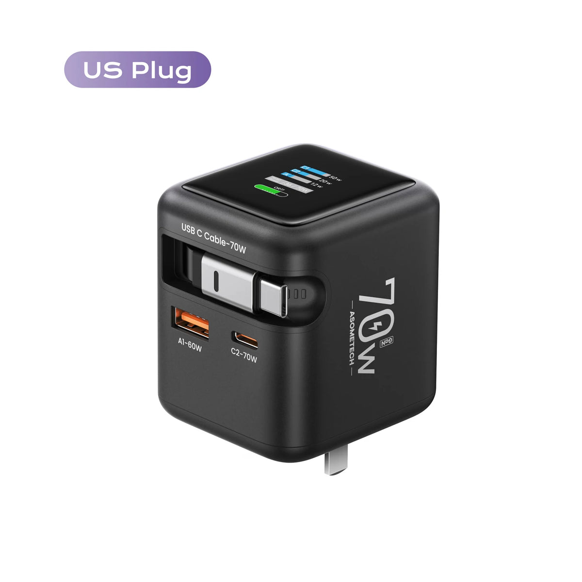 Zadsouk 70W GaN Charger with Display - Retractable USB-C Cable, 3-Port Fast Charging