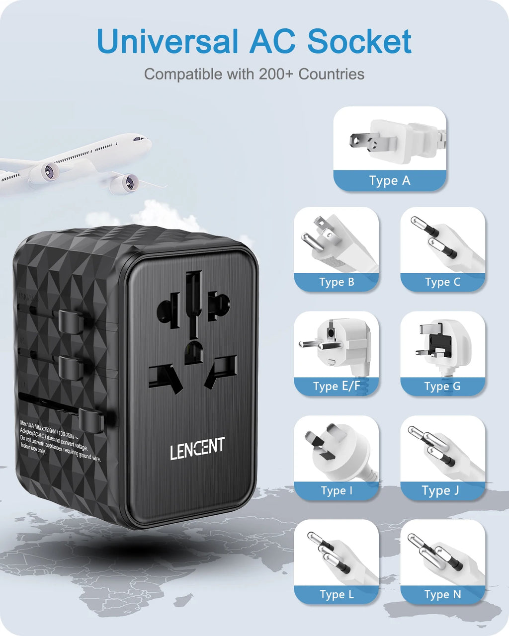 Zadsouk 65W GaN Universal Travel Adapter - Interchangeable EU/UK/US/AUS Plugs, Fast Charging