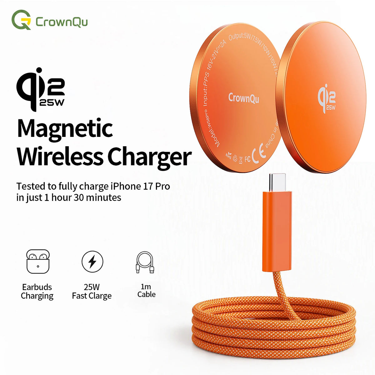 Zadsouk Qi2 25W Magnetic Wireless Charger - MagSafe Compatible Fast Charging