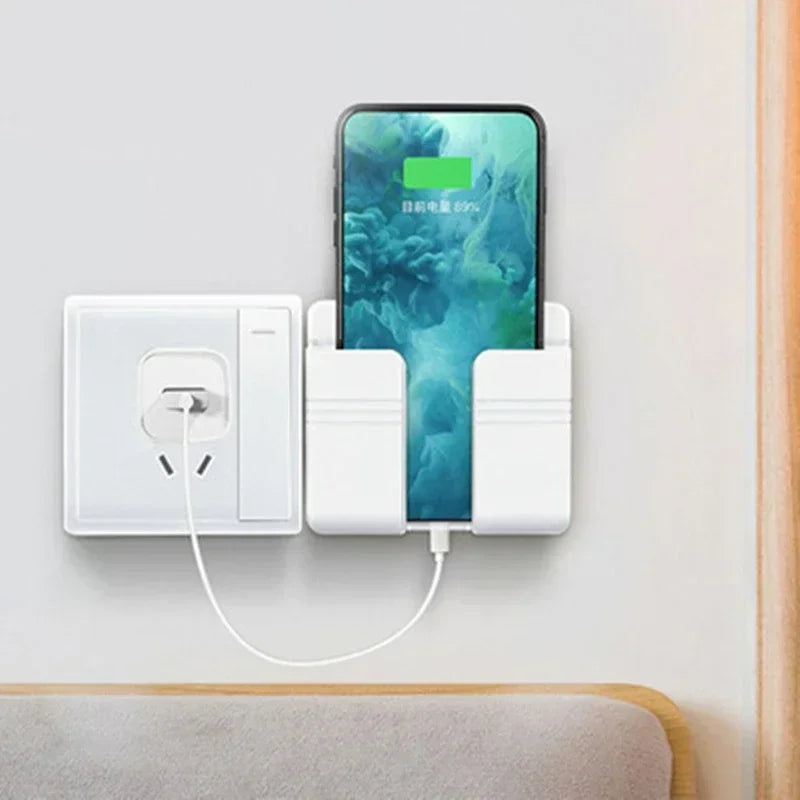 Wall Mount Phone Holder White Punch Free Wall Mobile Phones Charging Stand Lazy Sticky Remote Control Storage Box