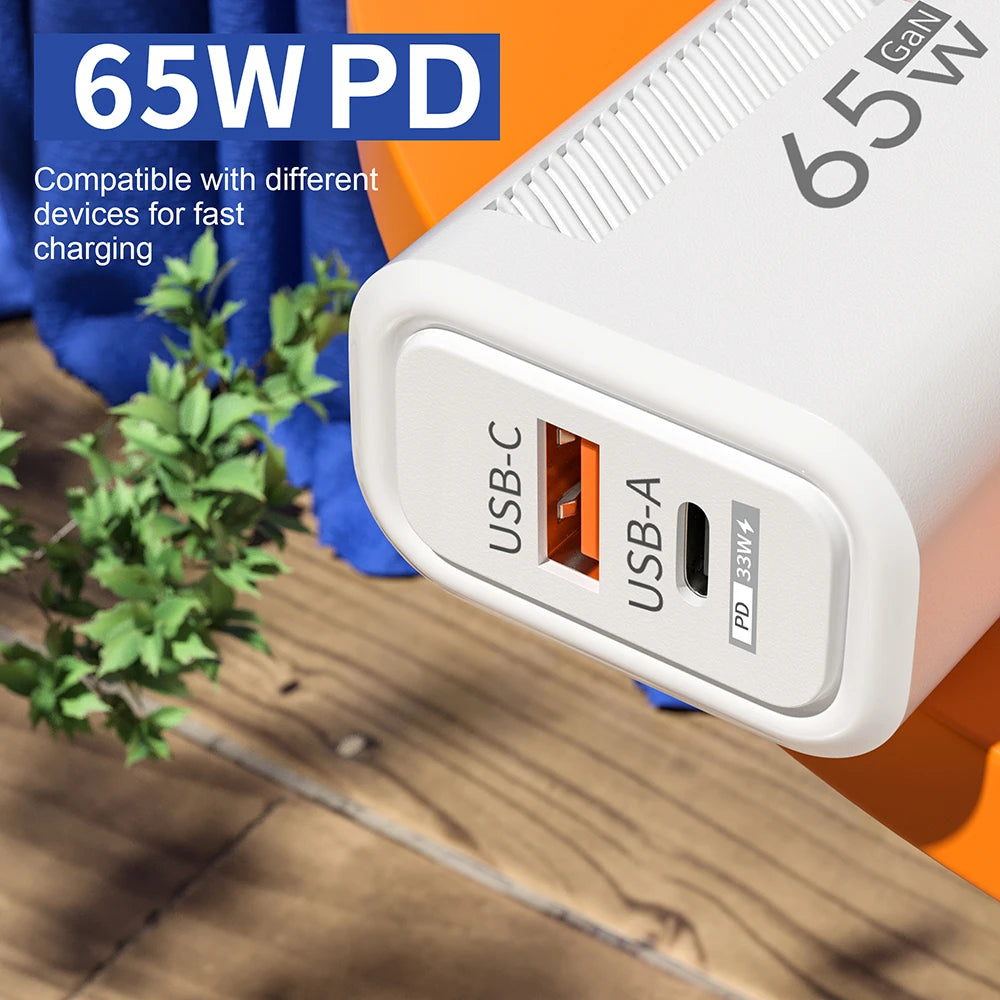 Zadsouk GaN 65W Dual-Port Fast Charger - USB-C and USB-A, EU/US Plug