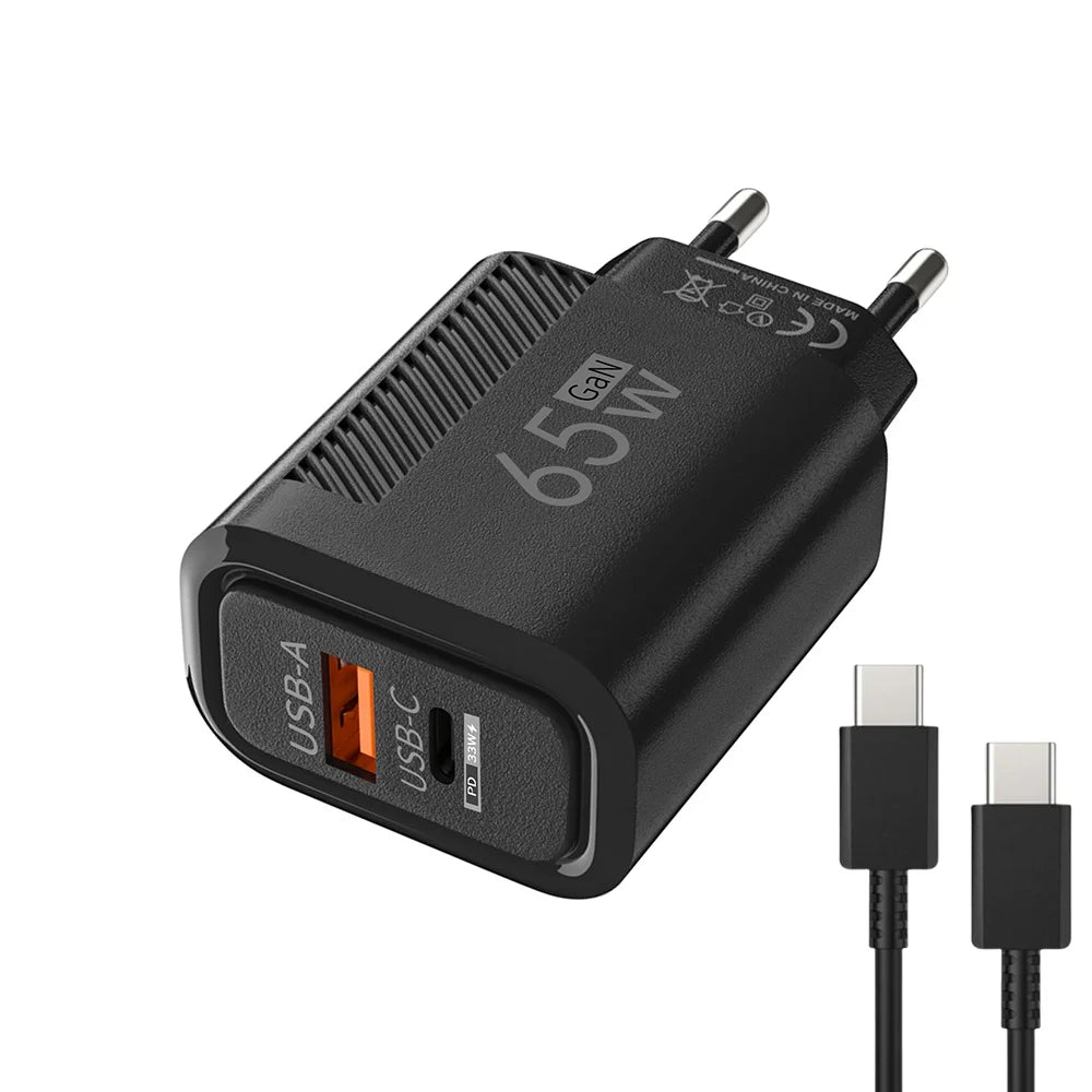 Zadsouk GaN 65W Dual-Port Fast Charger - USB-C and USB-A, EU/US Plug